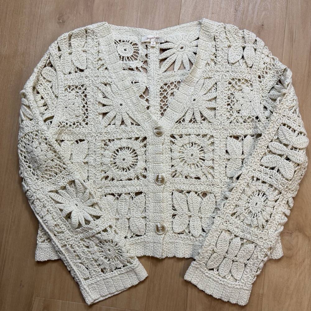 Mystree Granny Square Crochet Cream Color Cardigan - Small 100% Cotton